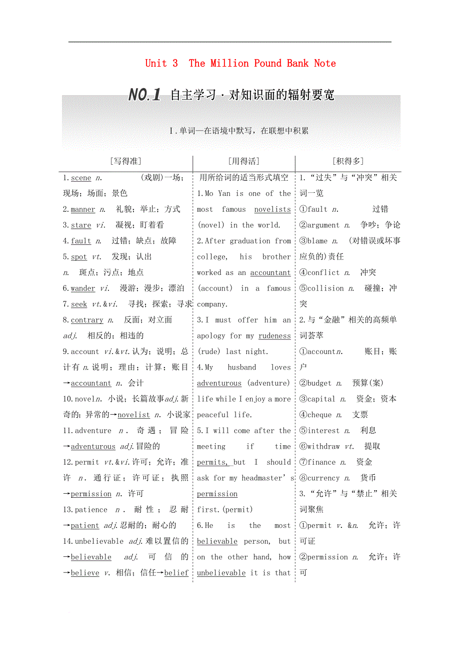 高考英语一轮复习 Unit 3 The Million Pound Bank Note导学案 新人教版必修3_第1页