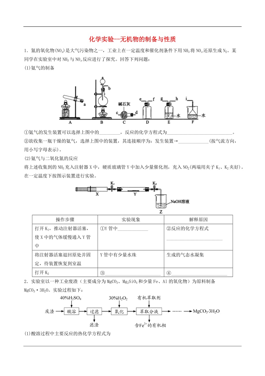 高三化学二轮复习 热点专练11 化学实验-无机物的制备与性质_第1页