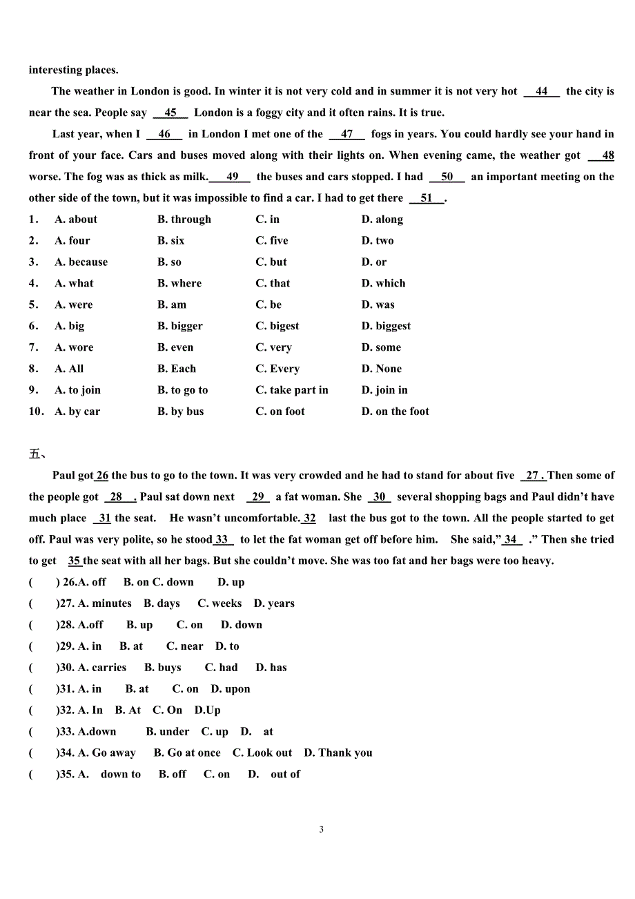 八年级英语15篇完形填空(附答案)_第3页