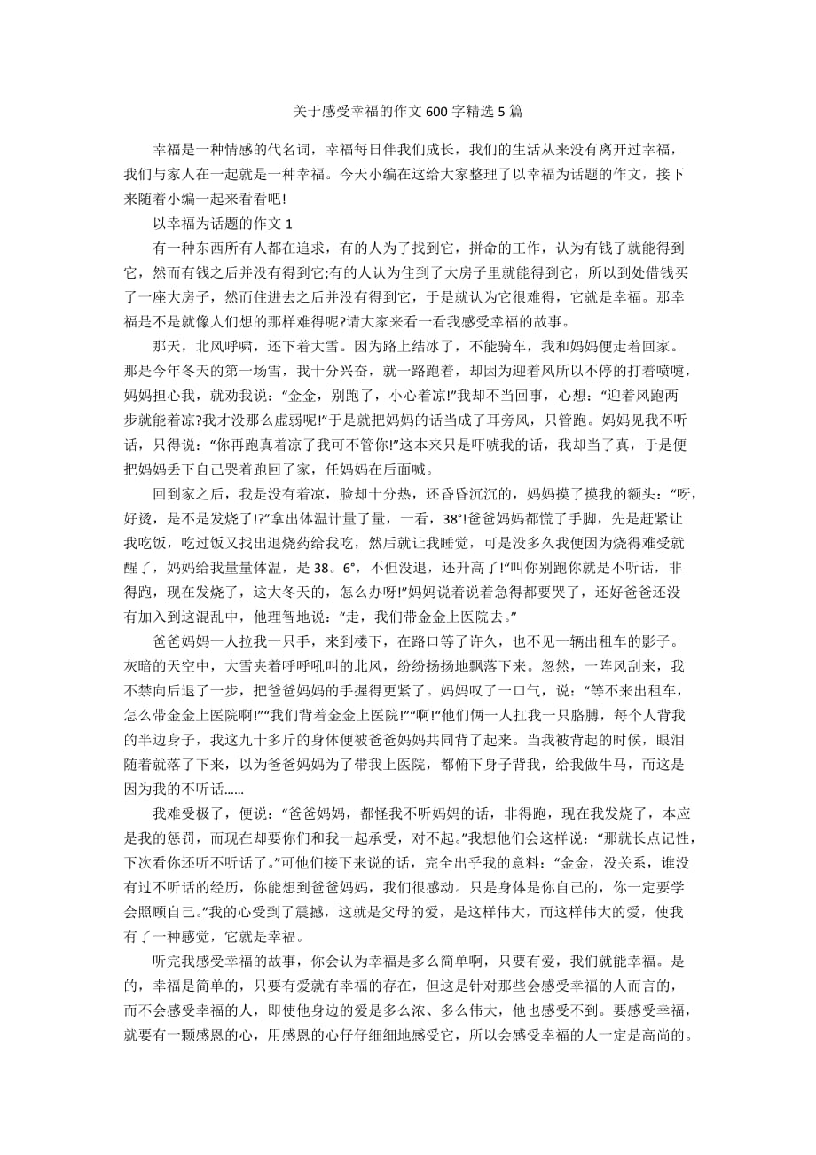 关于感受幸福的作文600字精选5篇_第1页