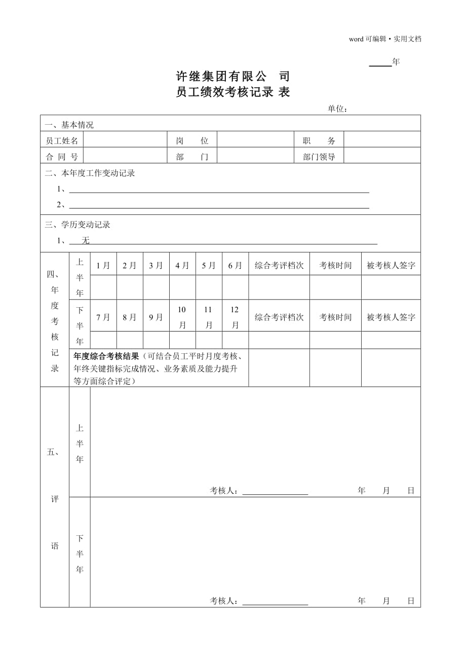 员工绩效考核记录表[整理]_第1页