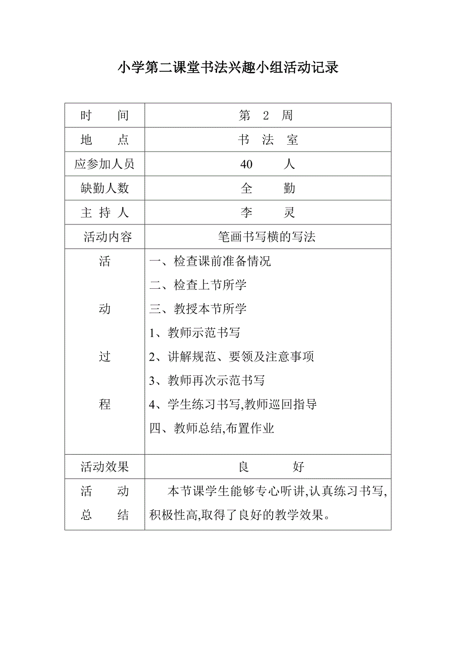 {精品}小学第二课堂书法兴趣小组活动记录_第2页