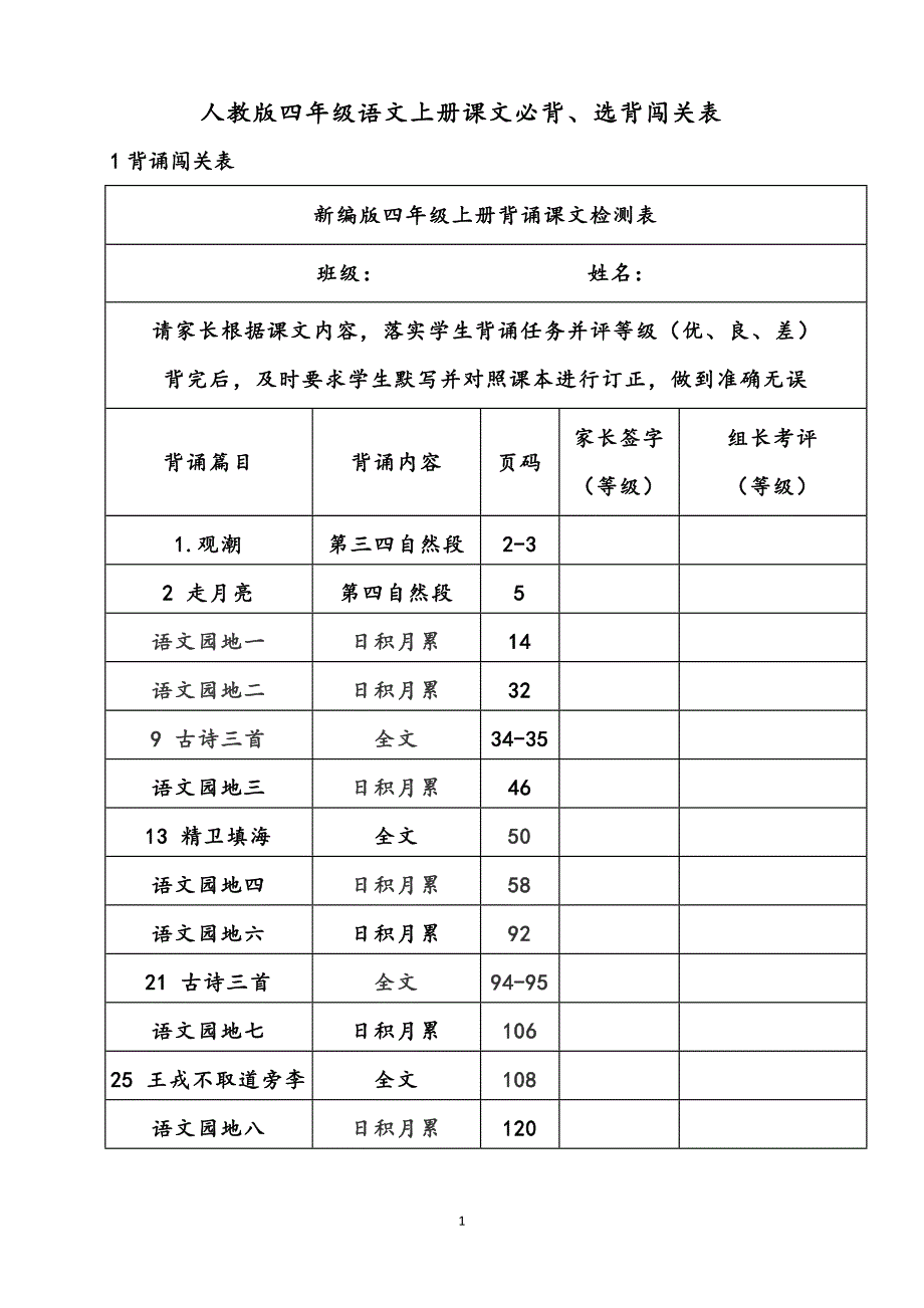 人教版四年级语文上册课文必背必会必考_第1页