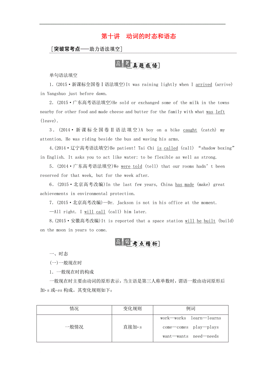 高考英语一轮复习 学通语法 第十讲 动词的时态和语态 新人教版_第1页