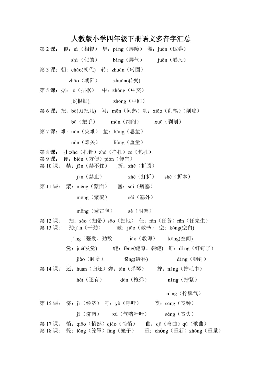 人教版小学四年级下册语文多音字汇总_第1页