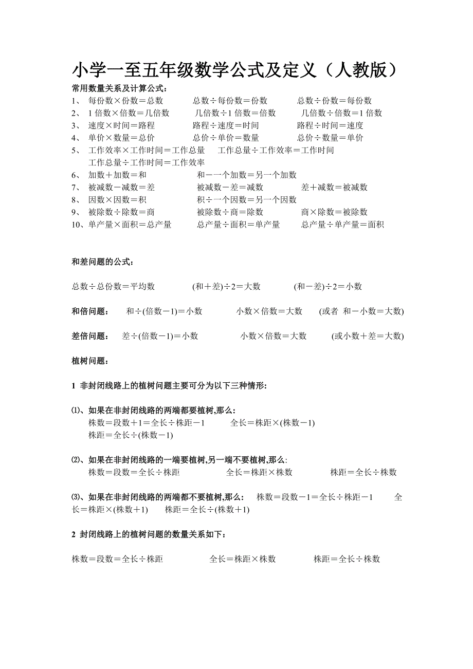 小学一至五年级数学公式及定义(人教版)_第1页