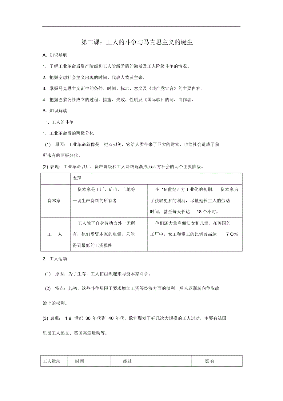 部编版历史与社会八年级下册第七单元席卷全球的工业文明浪潮7.2工人的斗争与马克思主义的诞生优质教案_第1页