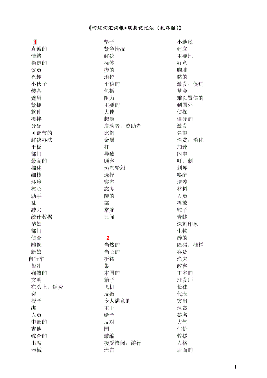 2074（整理）全中文默写版(四级词汇词根+联想记忆法_乱序版)_第1页