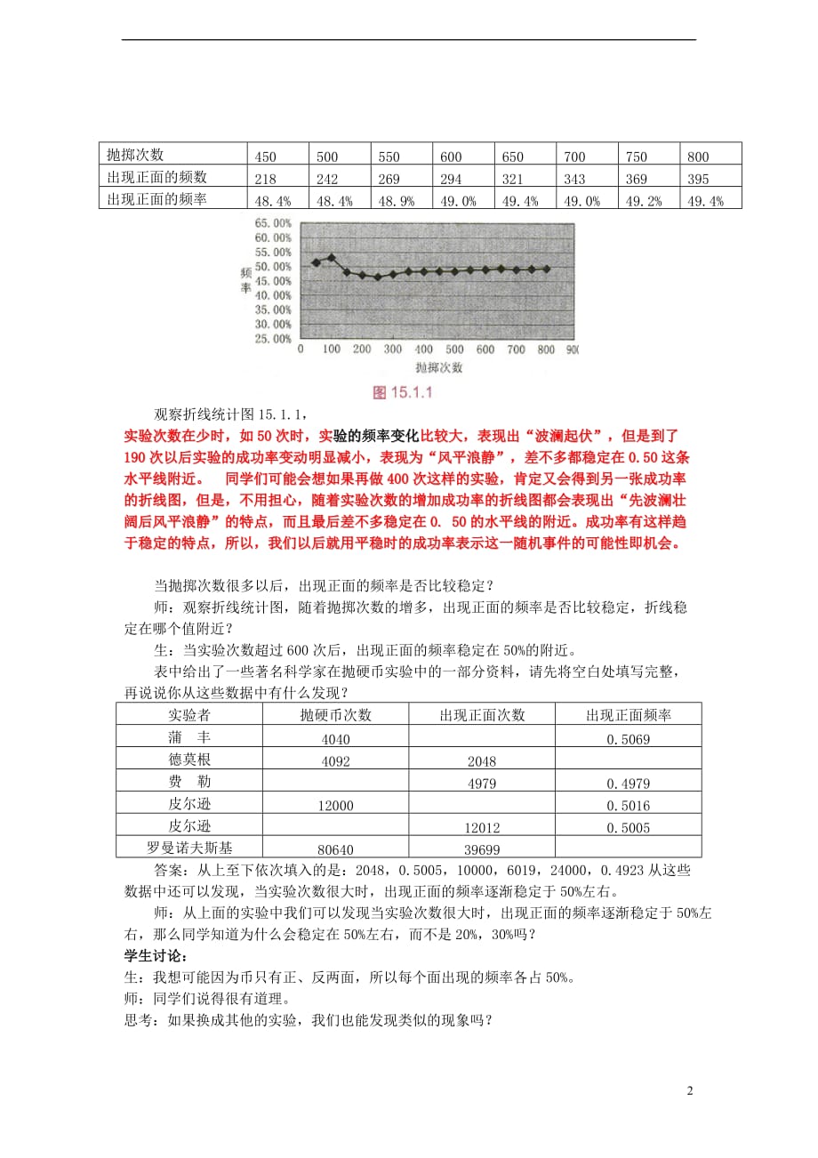 九年级数学上册 25.1 在反复实验中观察不确定现象教案 （新版）华东师大版_第2页