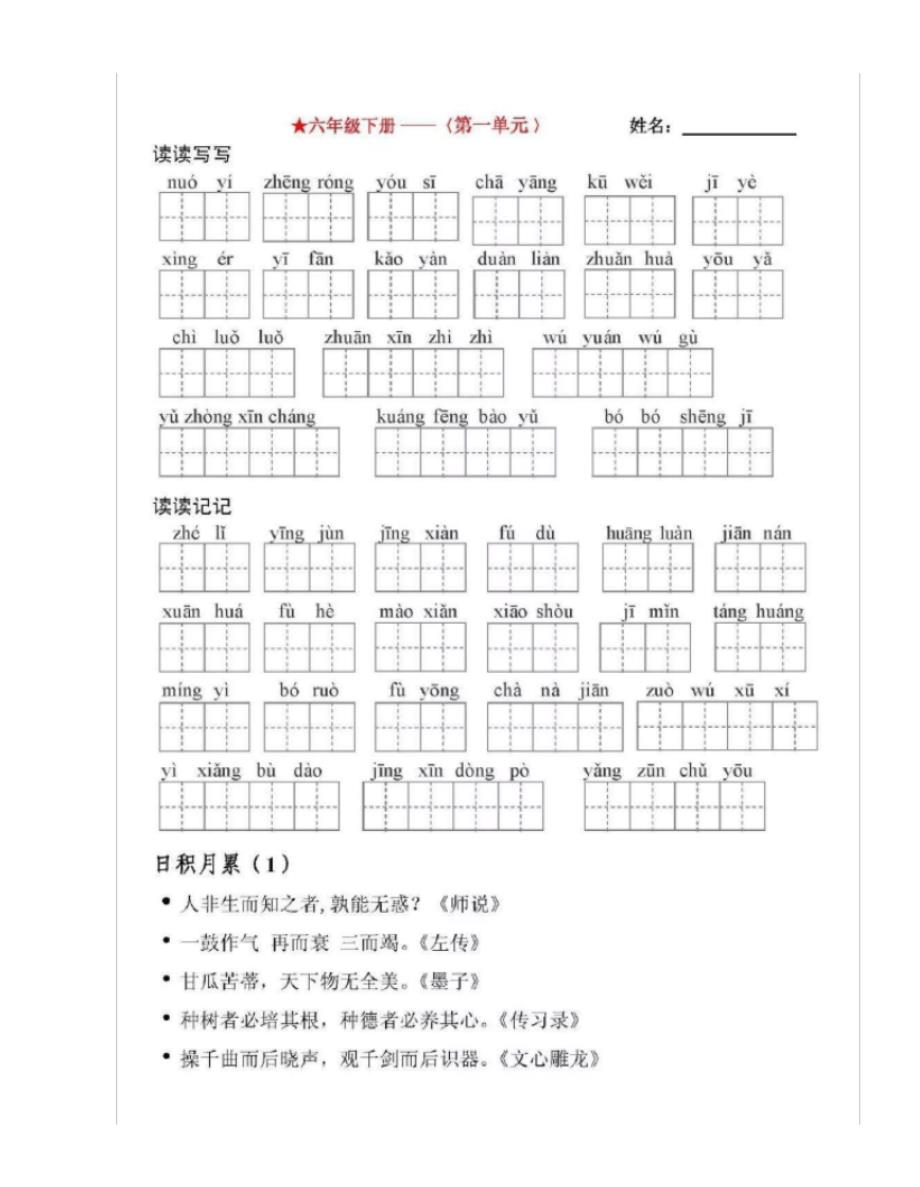 部编版语文六年级下册一-四单元看拼音写词语(田字格版)_第1页