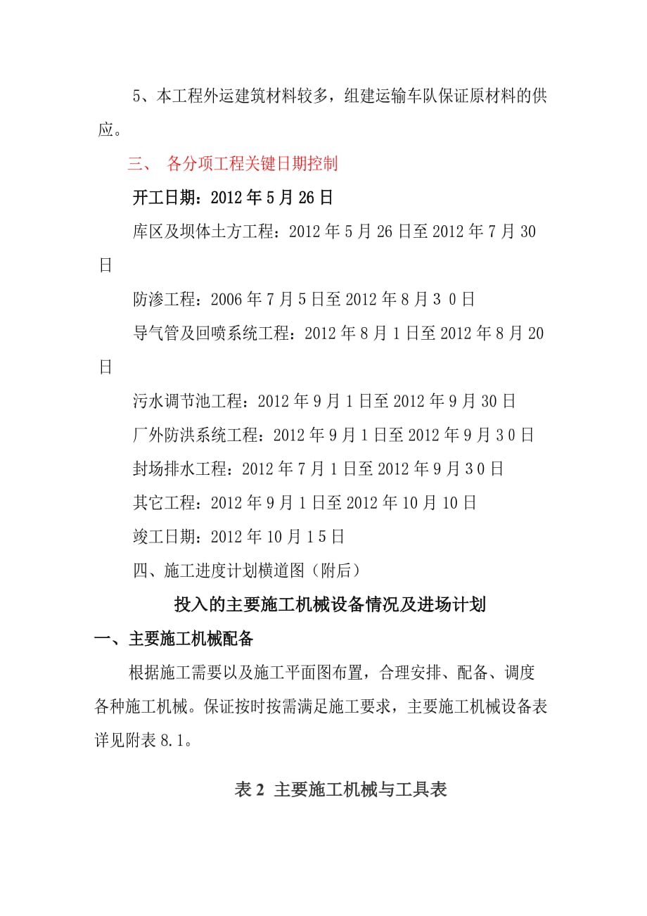 垃圾填埋场施工总进度计划及投入的主要施工机械设备情况及进场计划_第2页