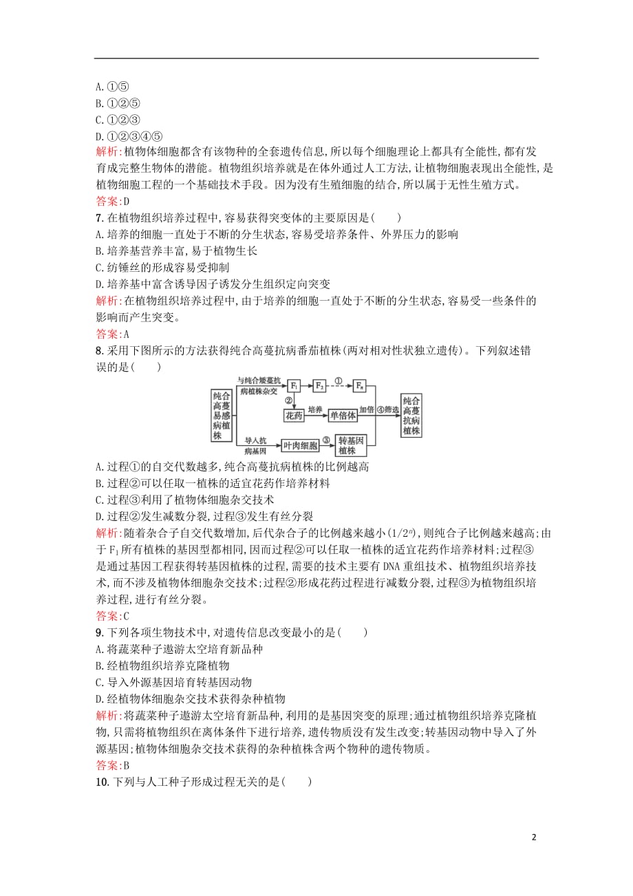 高中生物 专题2 细胞工程 2.1.2 植物细胞工程的实际应用课后习题 新人教版选修3_第2页