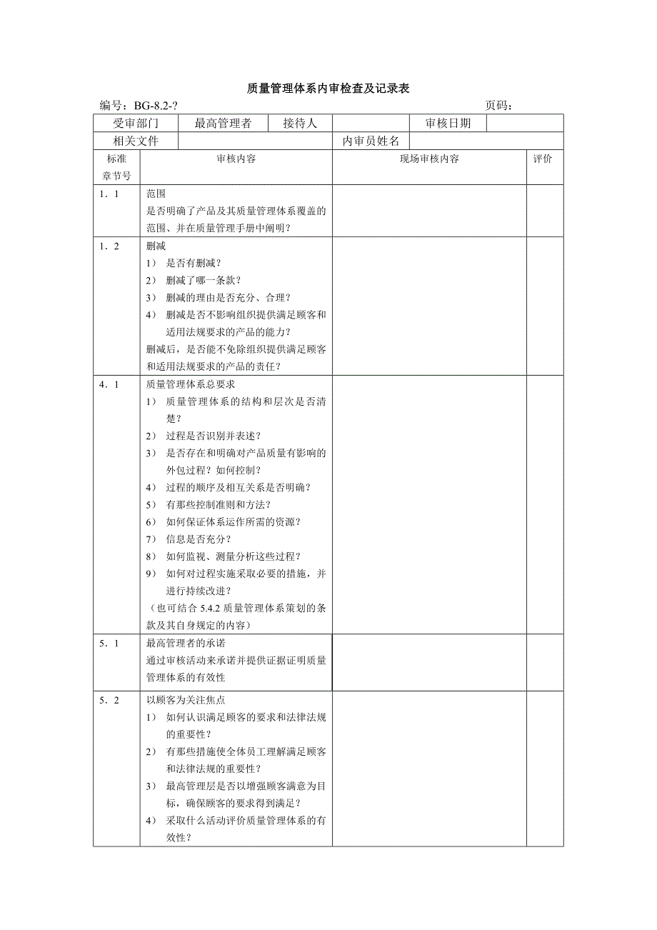 质量管理体系内审检查及记录表(范本)_第1页