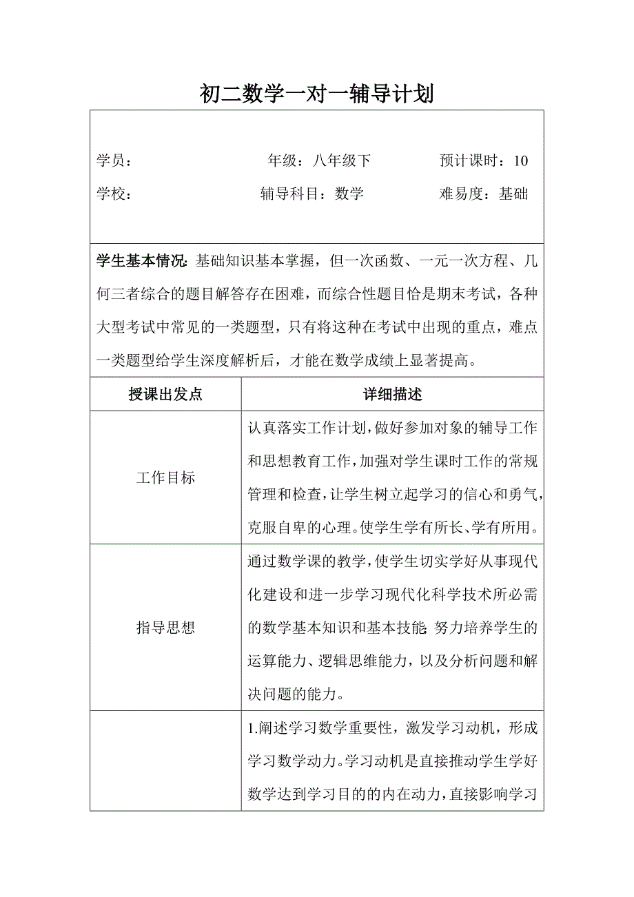 {精品}初二数学一对一辅导计划_第1页