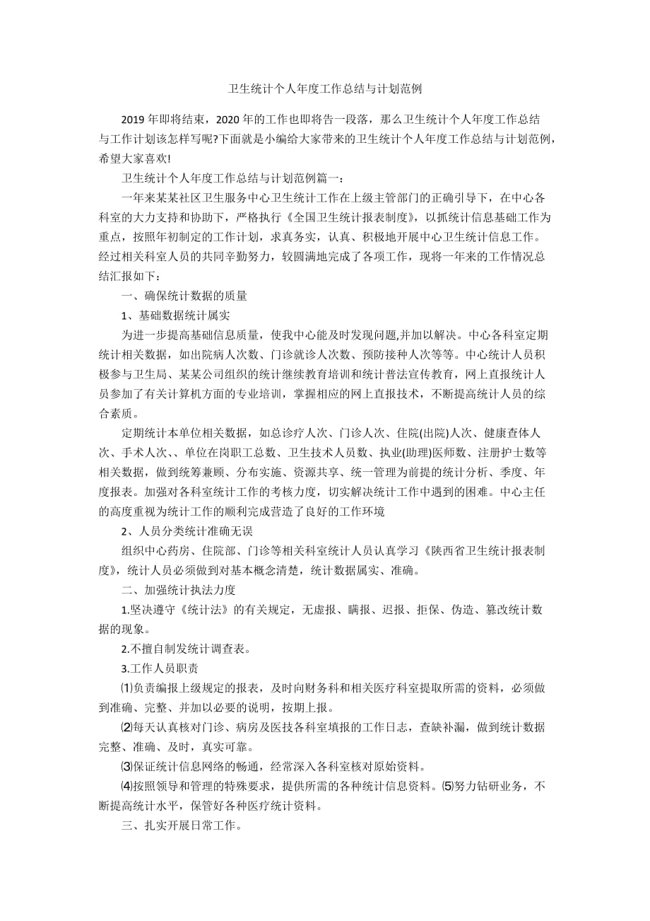 卫生统计个人年度工作总结与计划范例_第1页