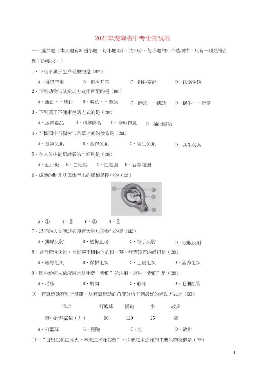 海南省2021年中考生物真题试题｛精品文档｝_第1页