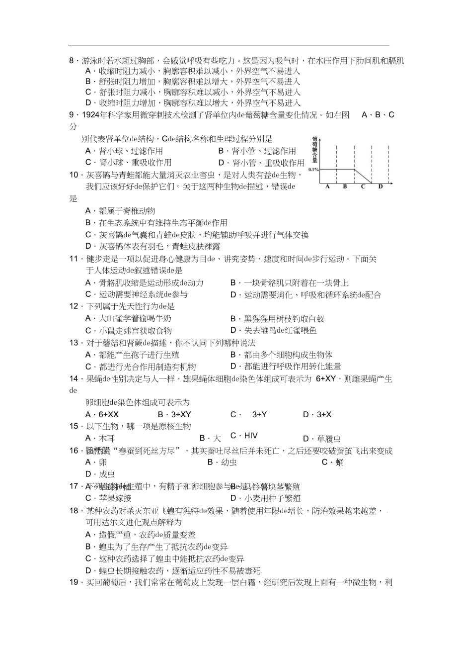 2021年湘潭市初中生物学业水平模拟考试（word版含答案）｛精品文档｝_第2页