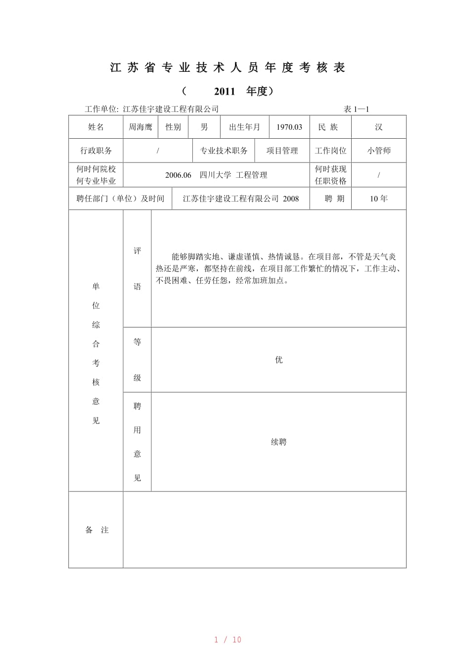 11江苏省专业技术人员年度考核表[汇编]_第1页