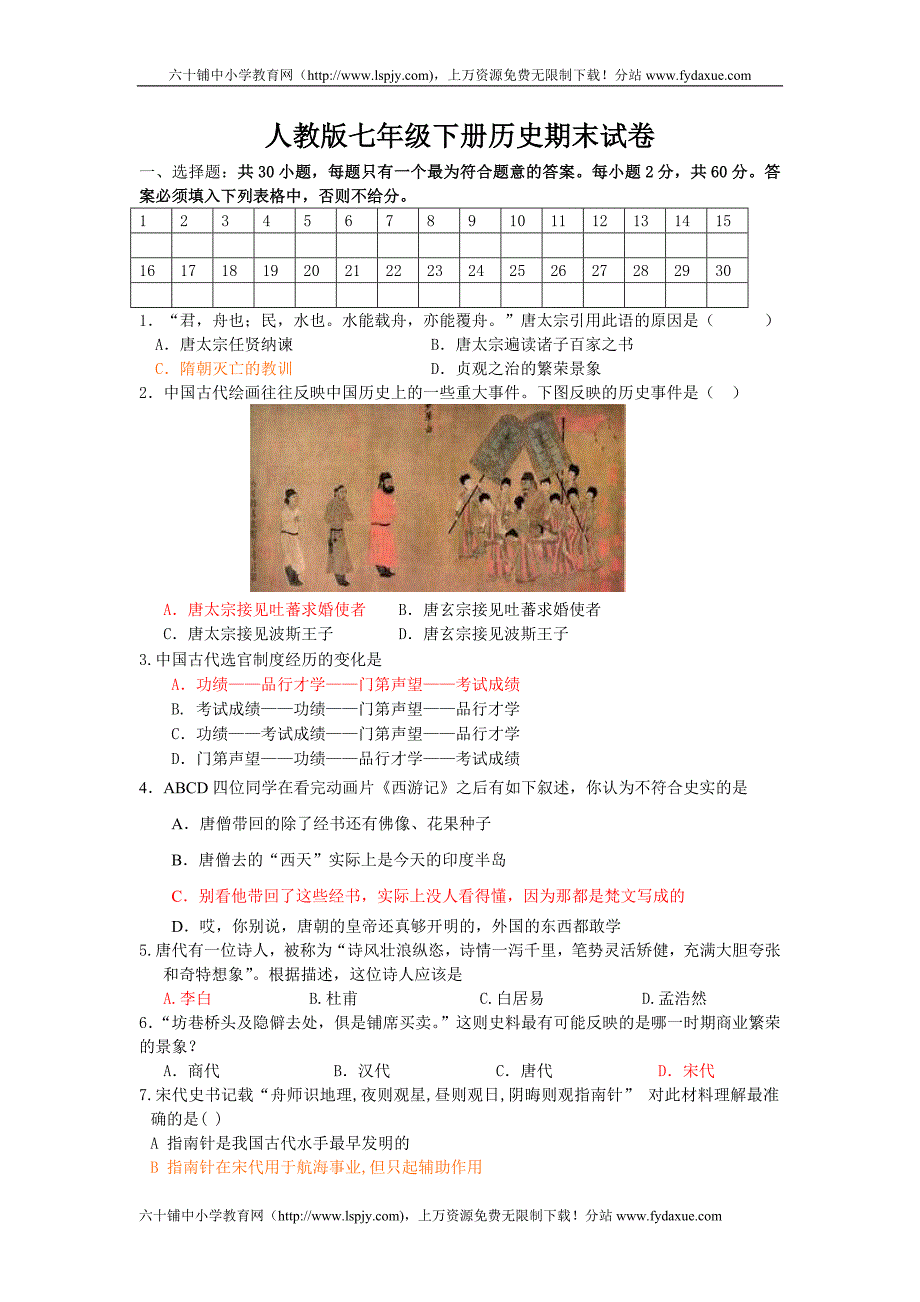 2173编号人教版七年级下册历史期末测试卷题及答案_第1页