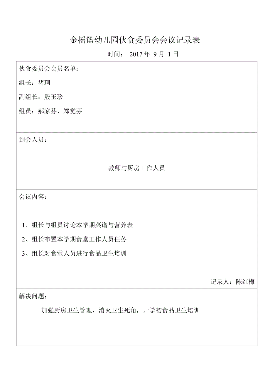 幼儿园膳食委员会会议记录表（最新-编写）7547_第1页