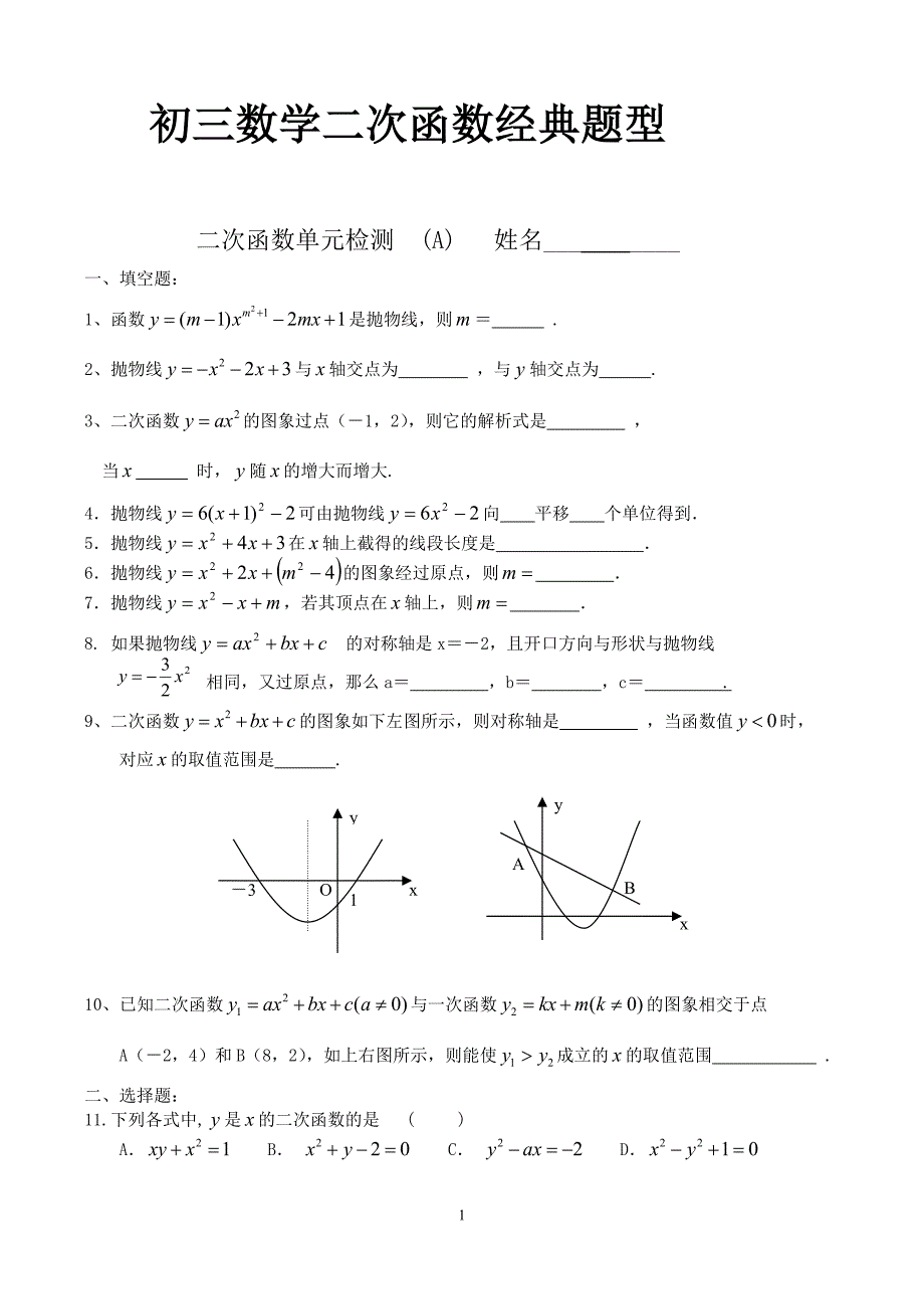 初三数学二次函数所有经典题型（最新-编写）5180_第1页