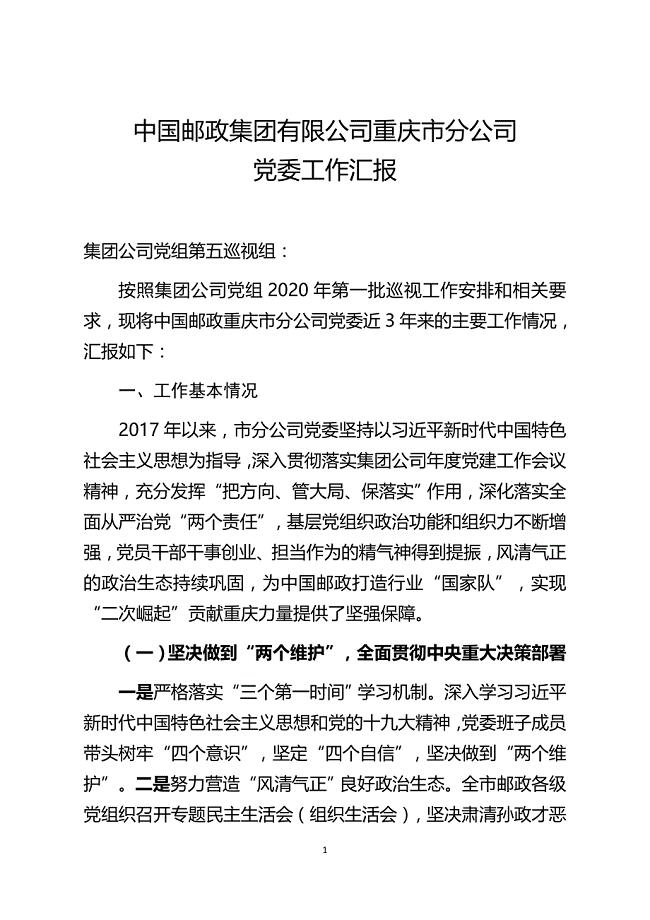 中国邮政集团有限公司重庆市分公司党委工作汇报