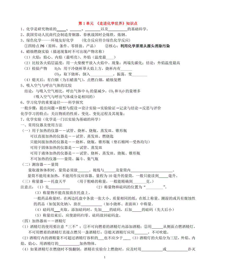 415编号人教版初中化学知识点填空(附带答案)_第1页