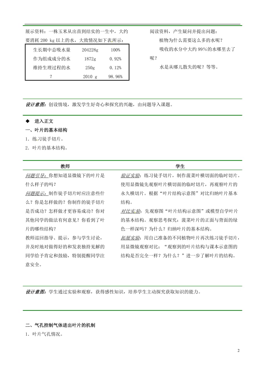 七年级生物上册 第三单元 第三章 第3节 绿色植物参与生物圈的水循环教学设计 （新版）新人教版_第2页