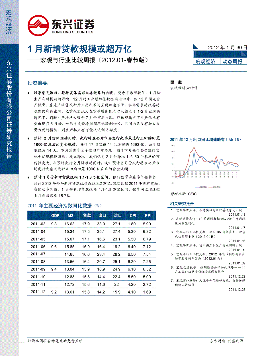 1月新增贷款规模或超万亿--宏观与行业比较周报(2012.01-春节版)_第1页