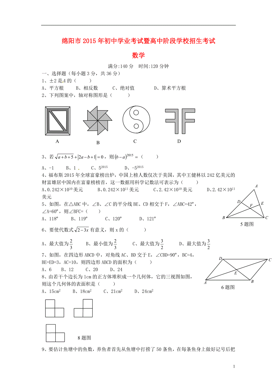 17389编号四川省绵阳市2015年中考数学真题试题(含扫描答案)_第1页