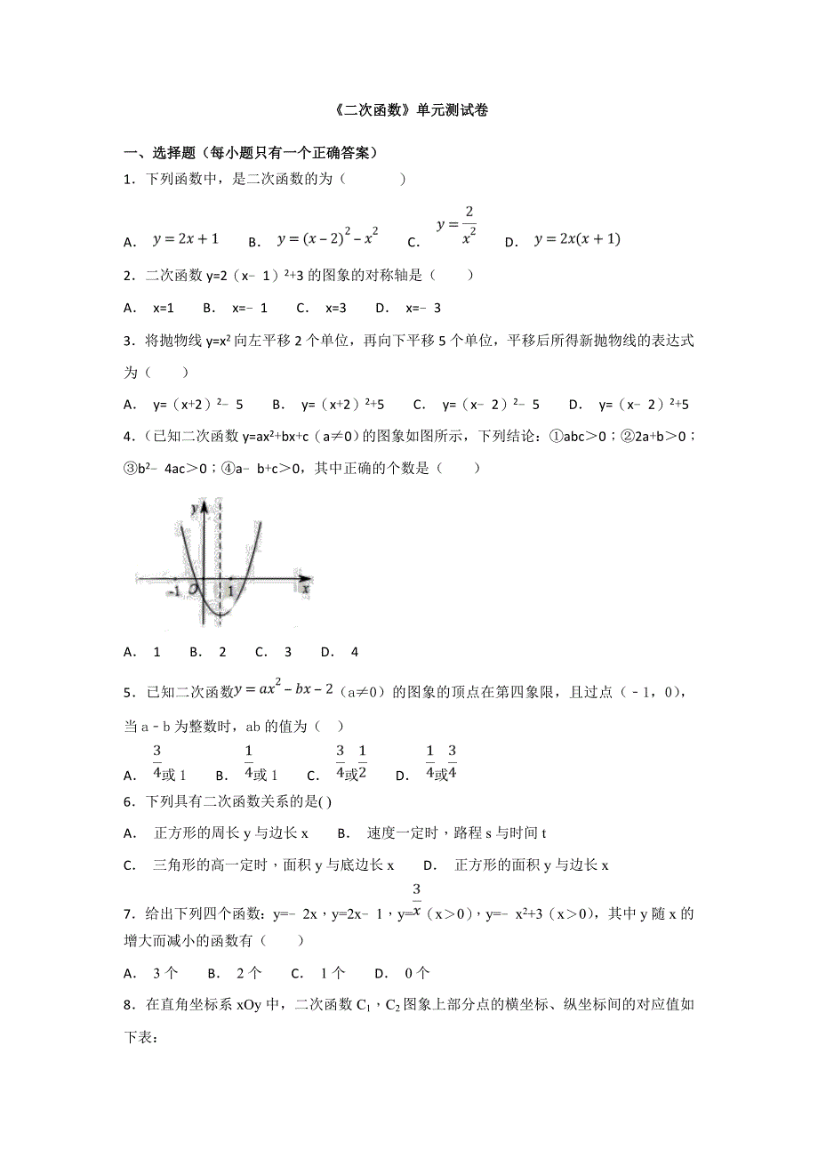 2019年人教版九年级数学上册《二次函数》单元测试卷 【含解析】_第1页