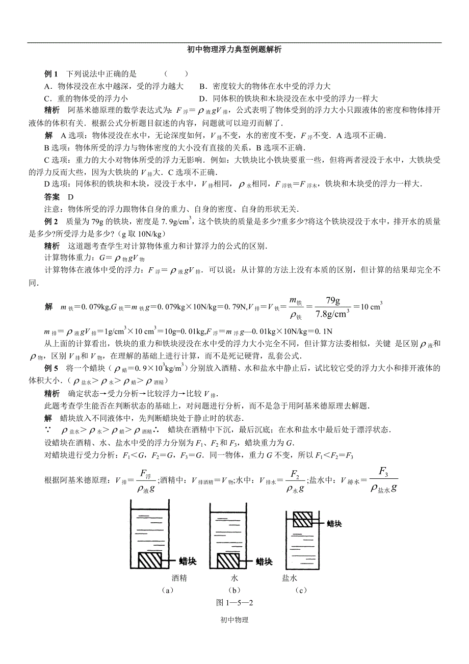 .初中物理浮力典型例题解析_第1页