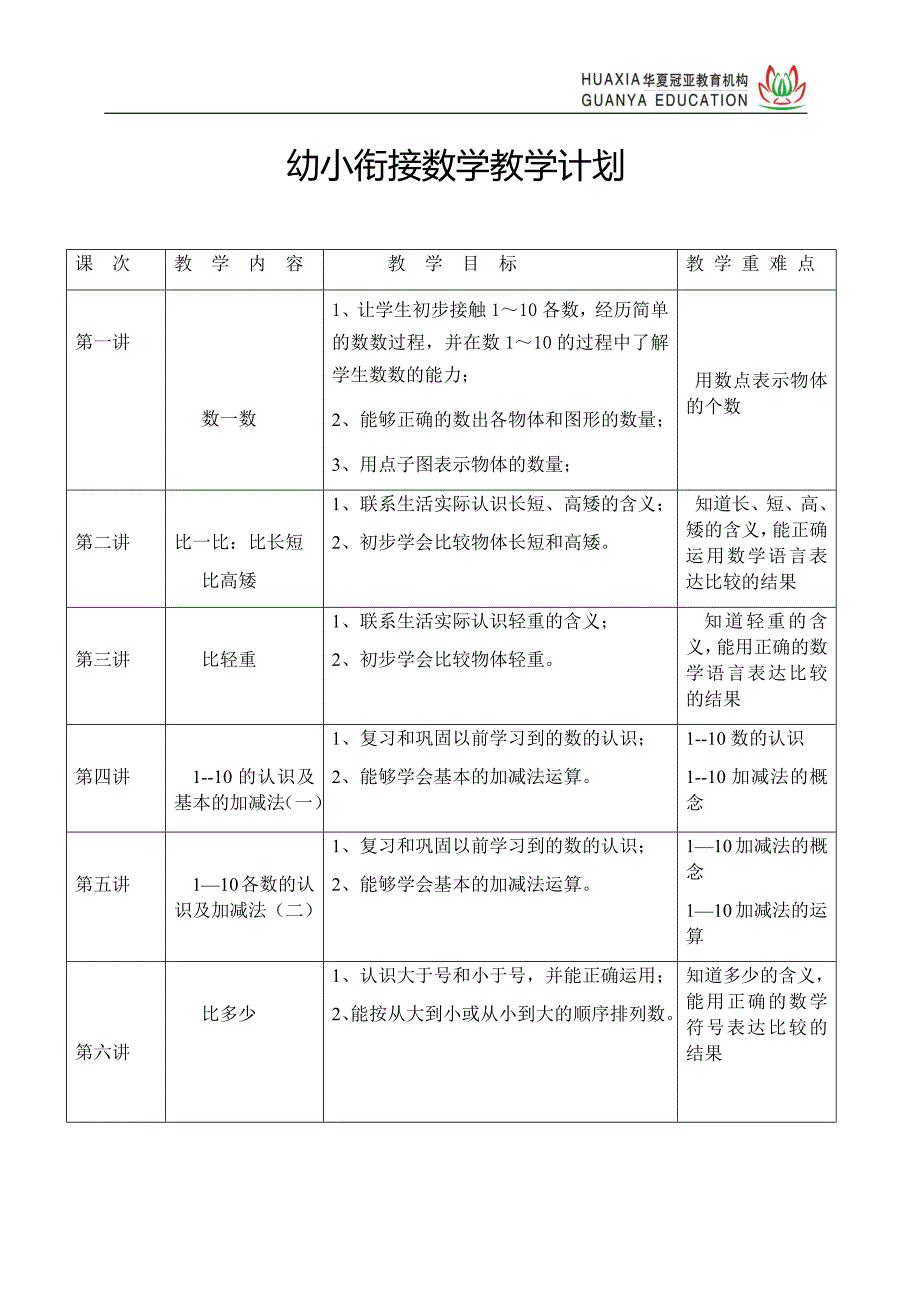 数学幼小衔接教学计划_第1页