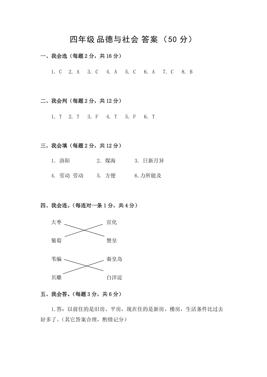 人教版四年级下册品德试题-期中考试湖南永州市新田县（含答案）_第4页