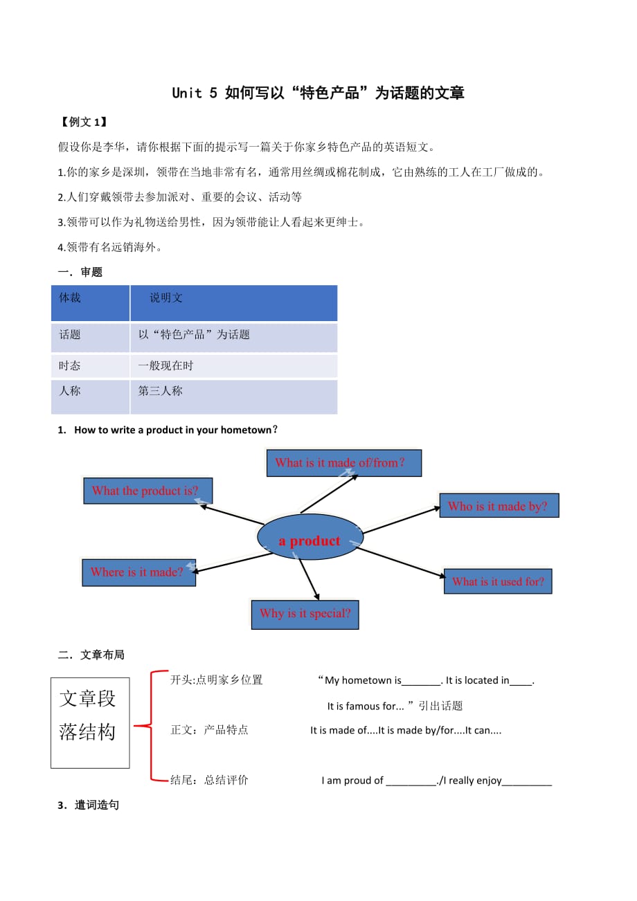 2020人教版九年级英语书面表达 Unit 5 如何写以“特色产品”为话题的文章_第1页