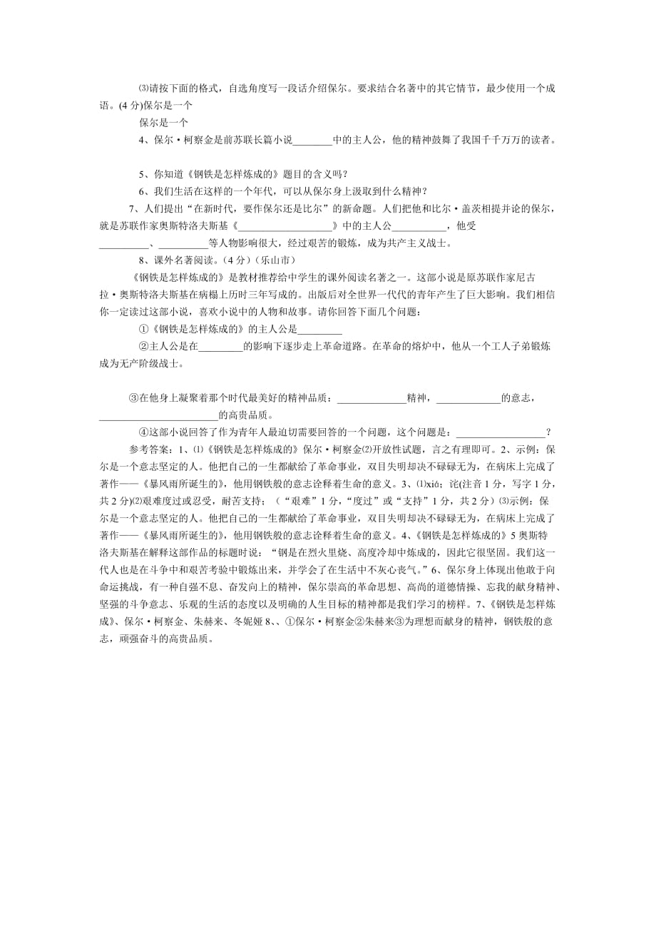 钢铁是怎样炼成的习题及答案8上.doc_第3页