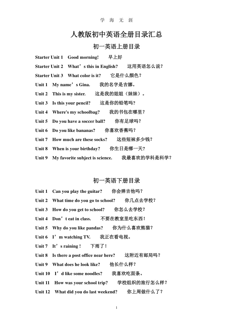 最新人教版初中英语全册目录汇总（2020年8月整理）.pdf_第1页