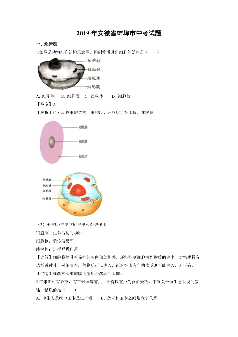 【生物】2019年安徽省蚌埠市中考试题（解析版）_第1页