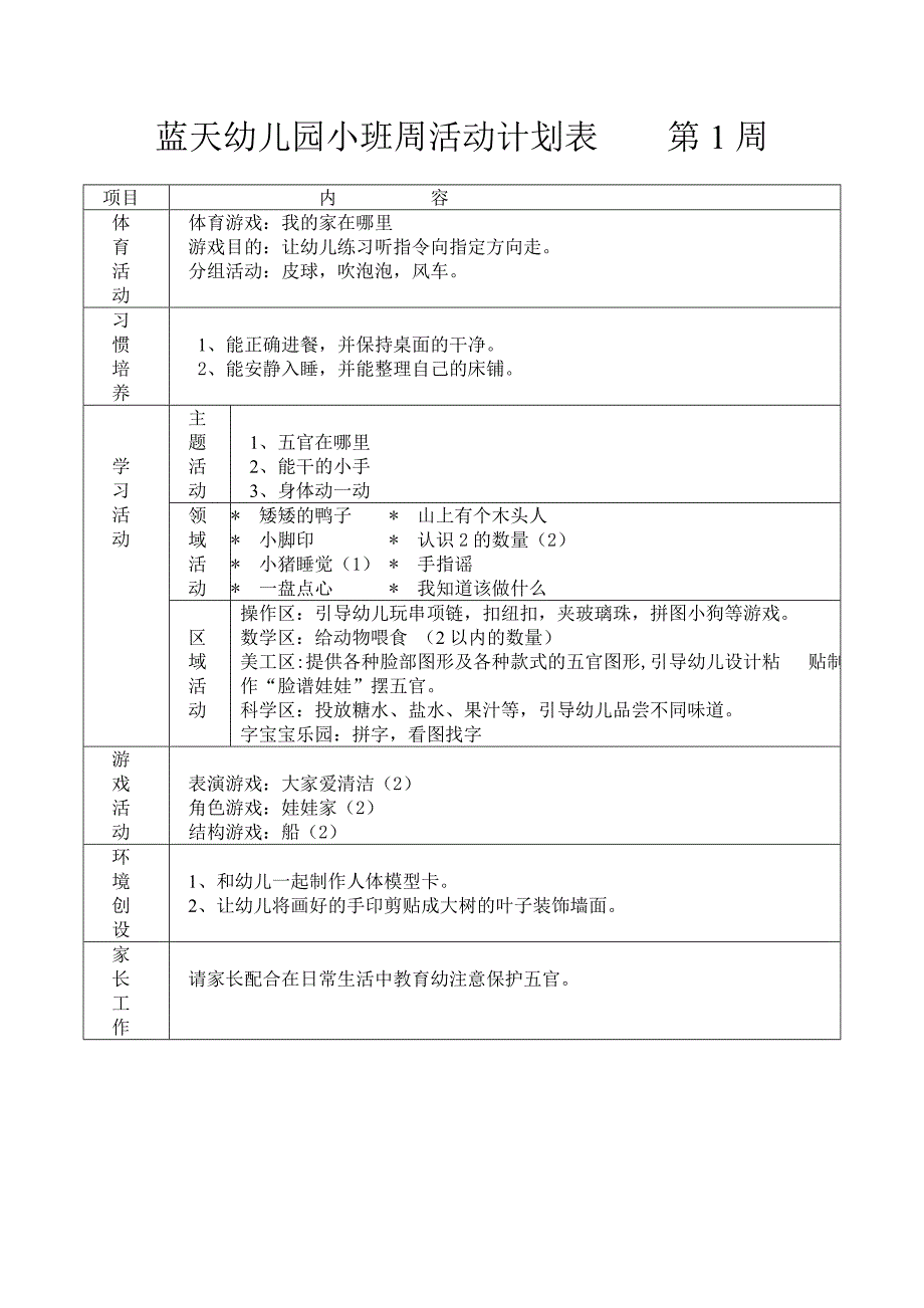 蓝天幼儿园小班周计划活动表_第1页