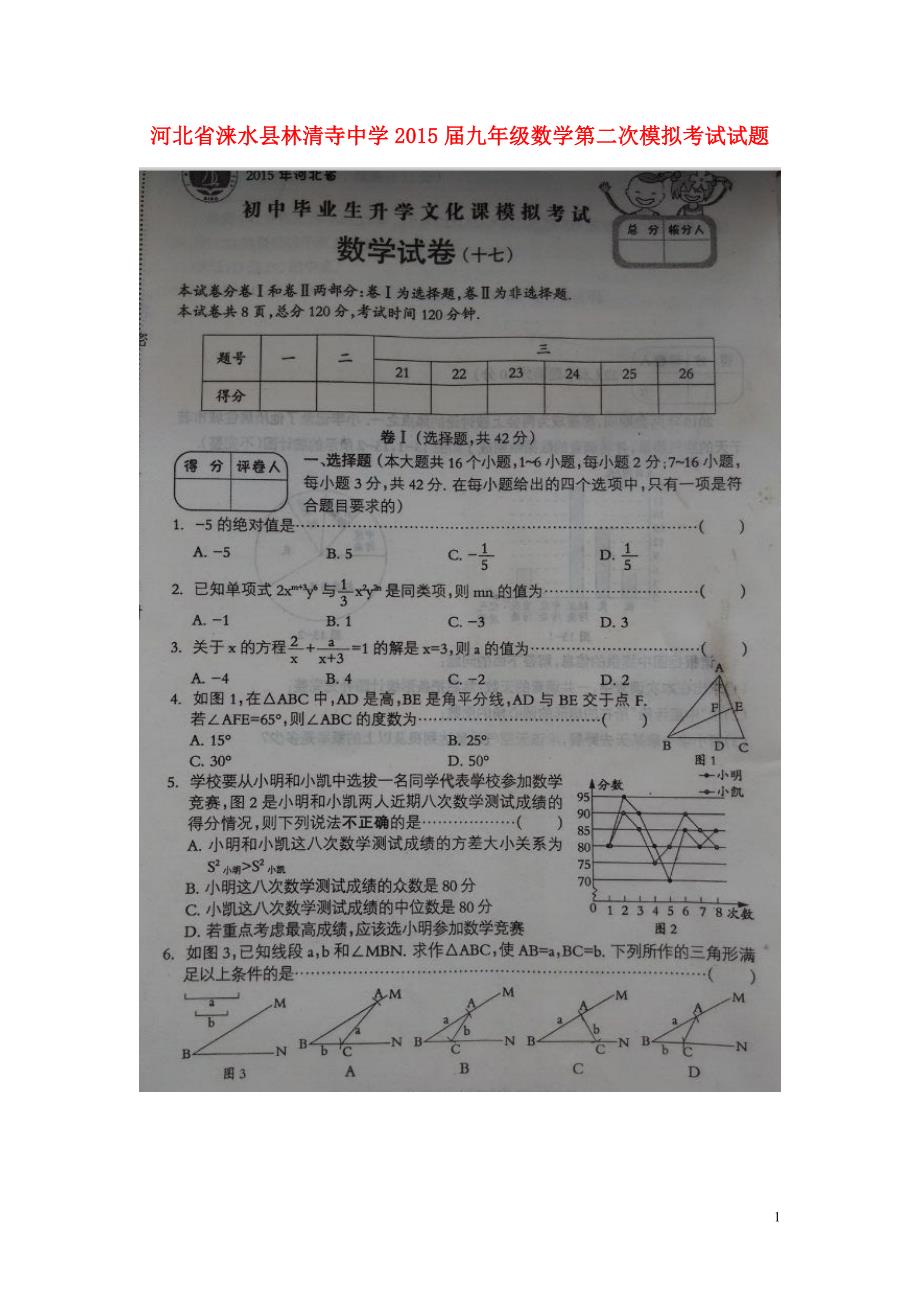 河北省涞水县林清寺中学2015届九年级数学第二次模拟考试试题（扫描版暂无答案）.doc_第1页