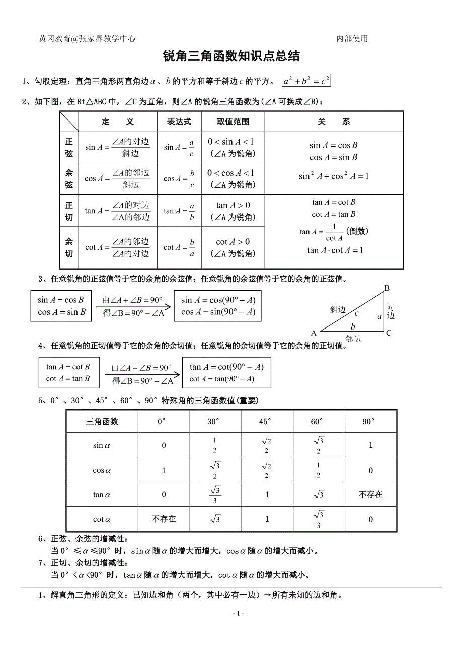 初中三角函数知识点总结(中考复习)._第1页