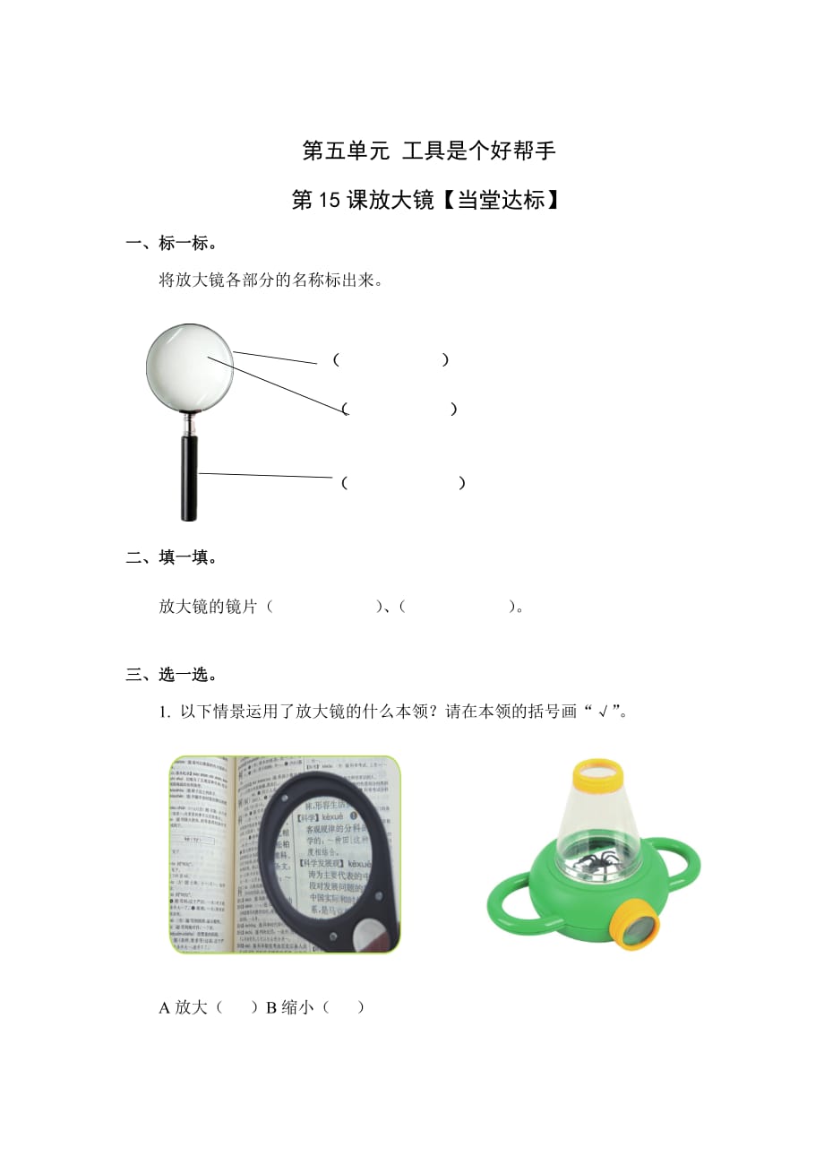 青岛版一年级上册科学当堂达标题-15放大镜（六三制）_第1页