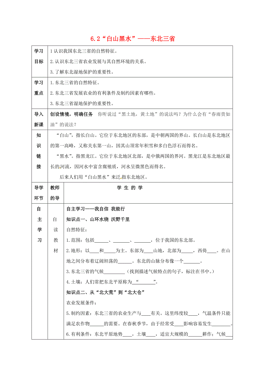 宁夏中卫市八年级地理下册6.2“白山黑水”——东北三省学案（无答案）（新版）新人教版.doc_第1页