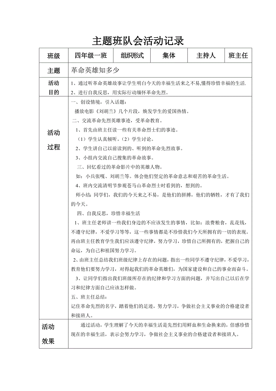 小学四年级主题班队会活动记录 全册_第2页