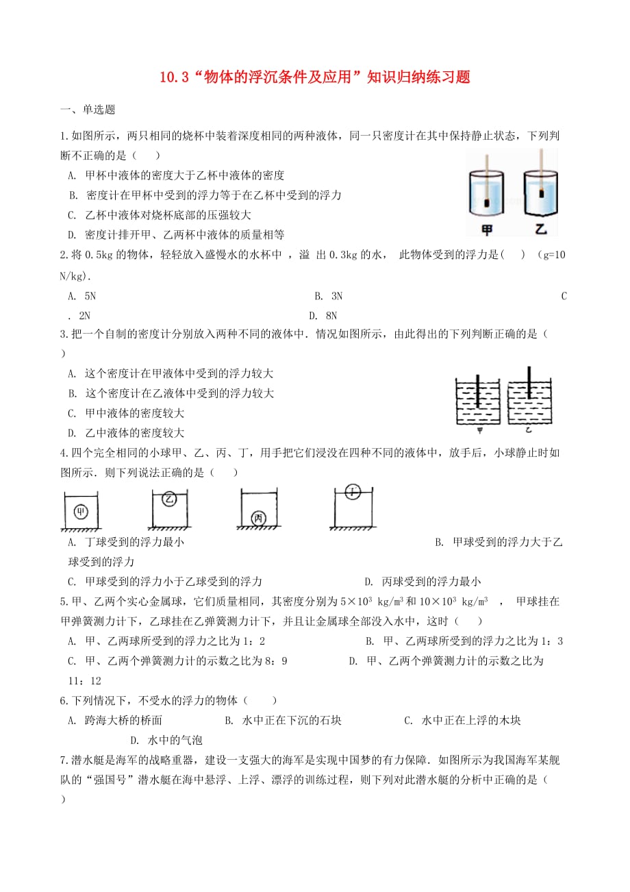 2019-2020学年八年级物理下册10.3物体的浮沉条件及应用知识归纳练习题_第1页