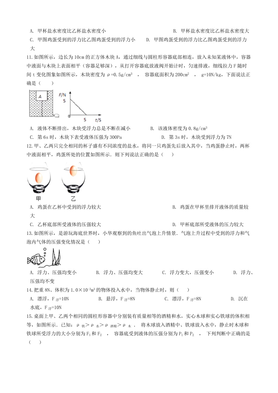 2019-2020学年八年级物理下册10.3物体的浮沉条件及应用知识归纳练习题_第3页