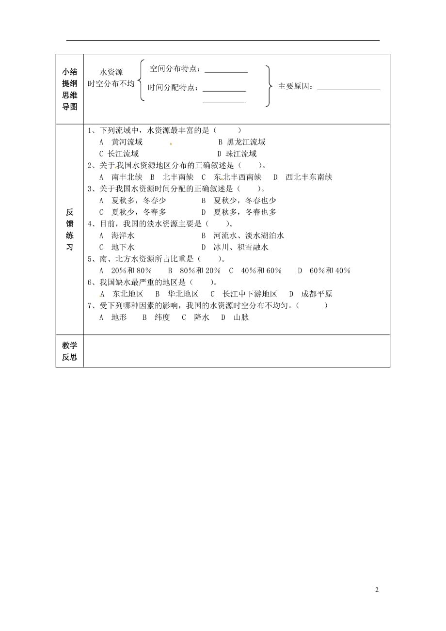 内蒙古鄂尔多斯市达拉特旗第十一中学八年级地理上册3.3水资源学案1（无答案）（新版）新人教版.doc_第2页