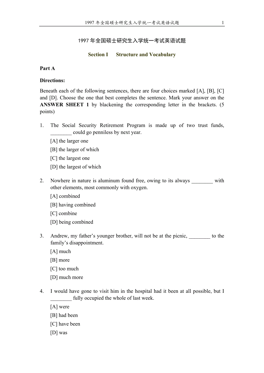 1997考研英语(一)真题及答案_第1页