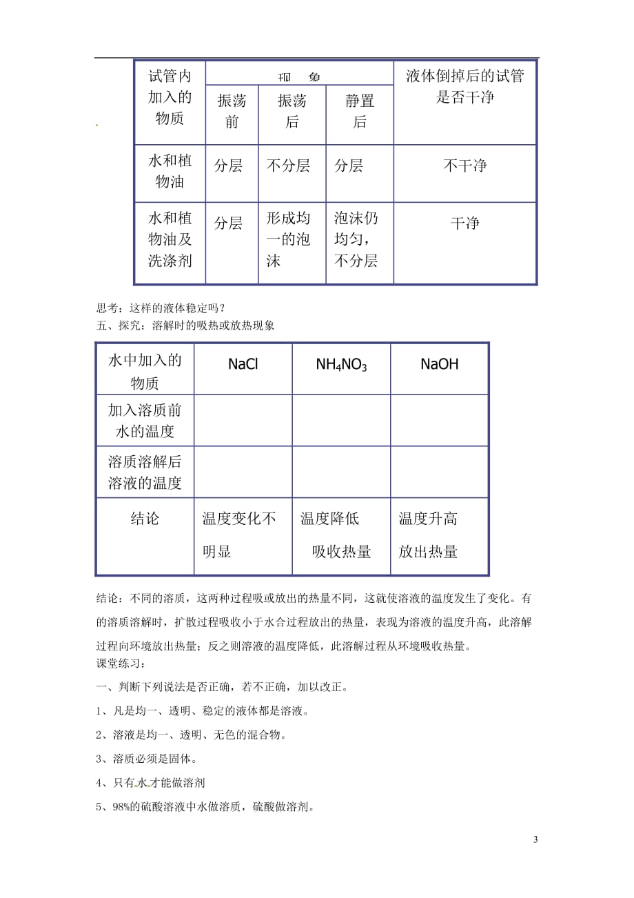 山东省德州市夏津实验中学九级化学下册 第九单元 课题1 溶液的形成导学案（无答案） 新人教版_第3页