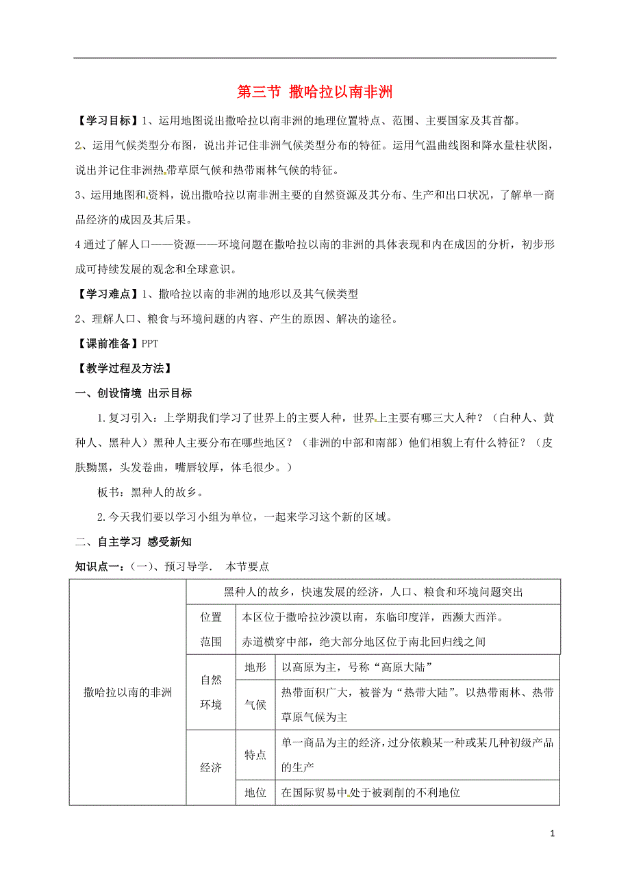 黑龙江省鸡东县七年级地理下册8.3撒哈拉以南非洲（第1课时）导学案（无答案）（新版）新人教版.doc_第1页